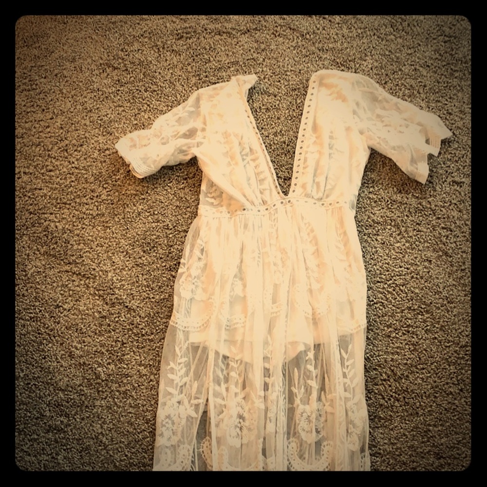 White romper with lace overlay